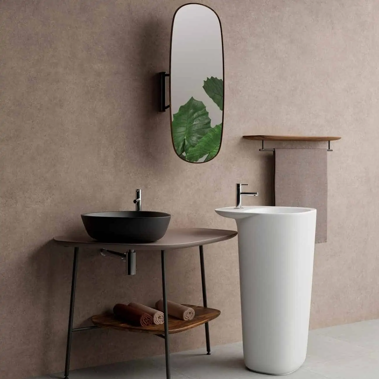 sink in a bathroom in black and white with a mirror