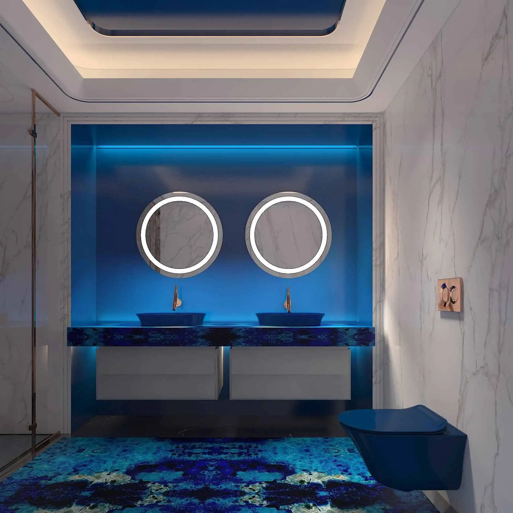 blue washroom with twin mirrors and blue sink