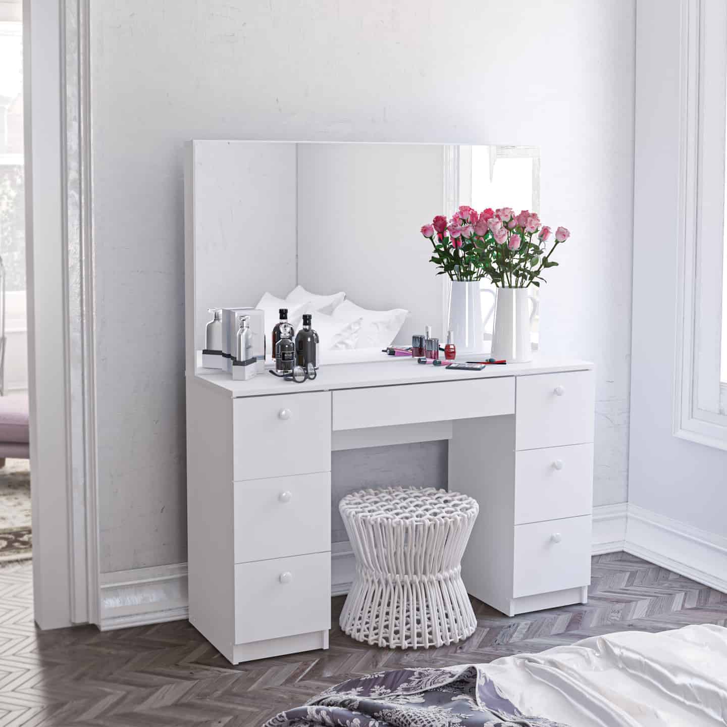A elegant dressing table design with a big mirror, lots of storage space, and a matching stool, in a white room.