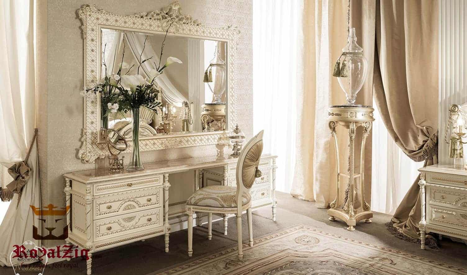 An exquisite royal dresser with a huge mirror, lots of storage space, and a matching chair, in a white well-furnished room.
