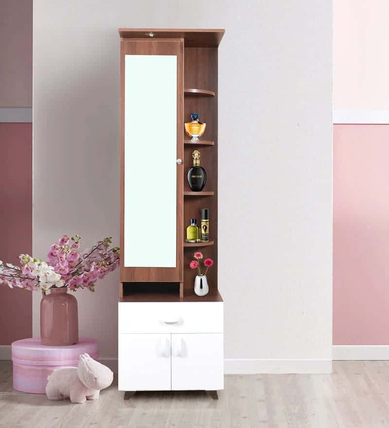 A stylish wooden dressing table design with a rectangular mirror and minimum storage space, in a pink room.