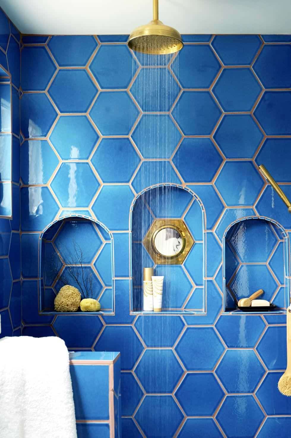 Hexagonal blue tiles in shower