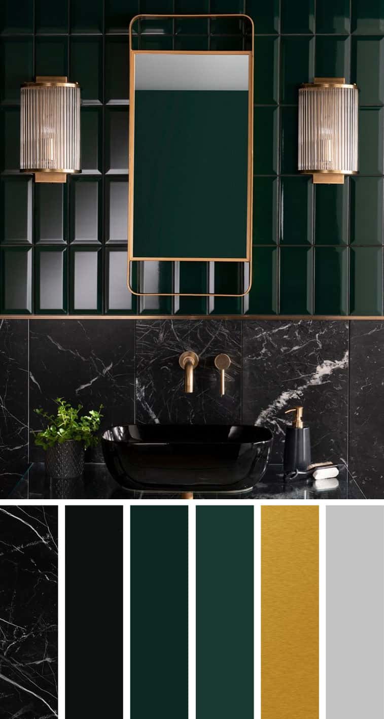 Home Colours of a bathroom with black granite and forest green wall and gold bathroom fittings