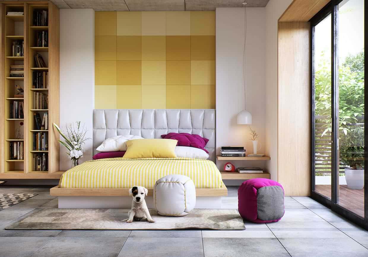 Chequered wall tiles for bedroom in yellow
