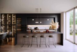modern kitchen design with latest decor ideas using pendant lights, faux plants, cabinet lightings, accent furniture, and backlit marble backsplash