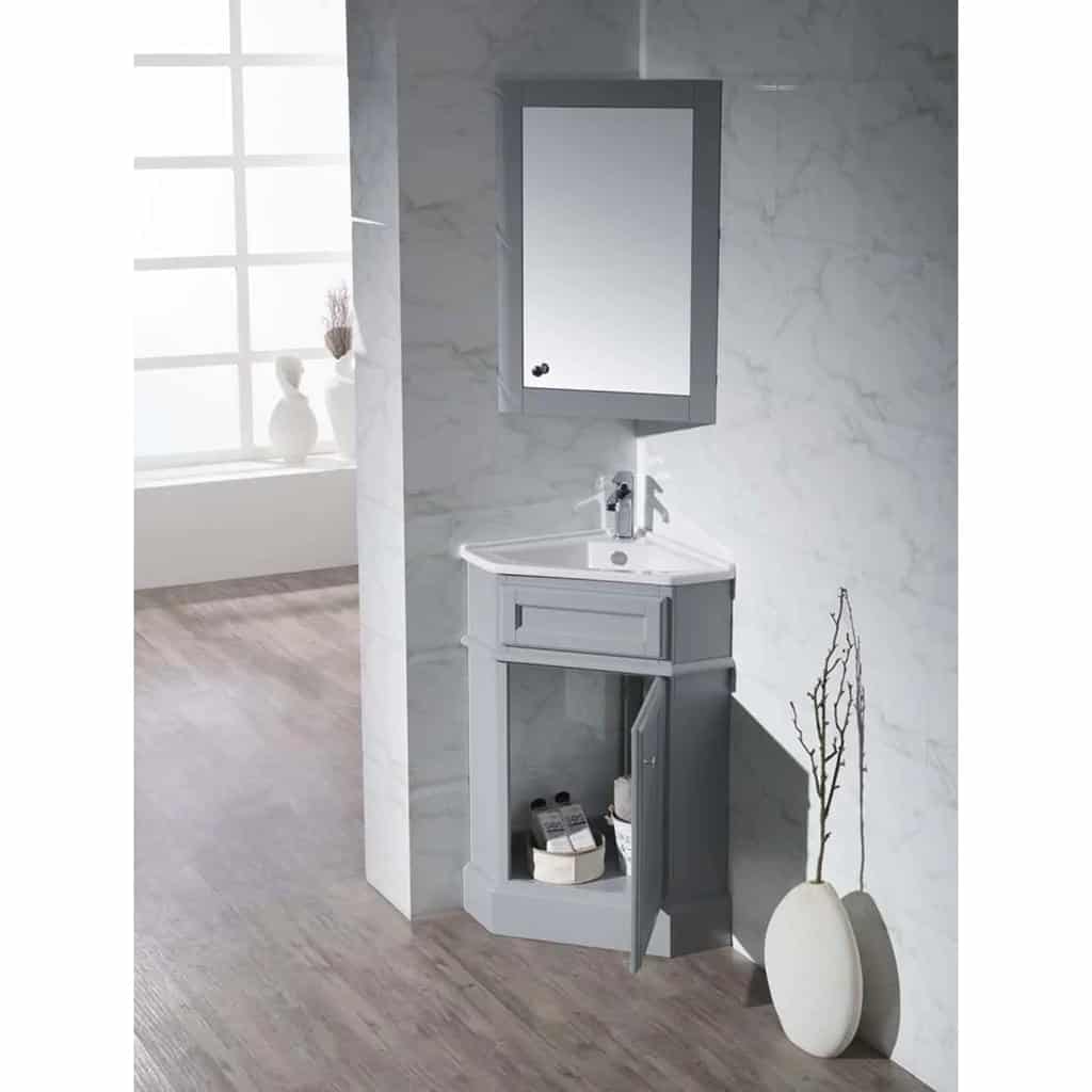 corner vanity in grey with bottom storage