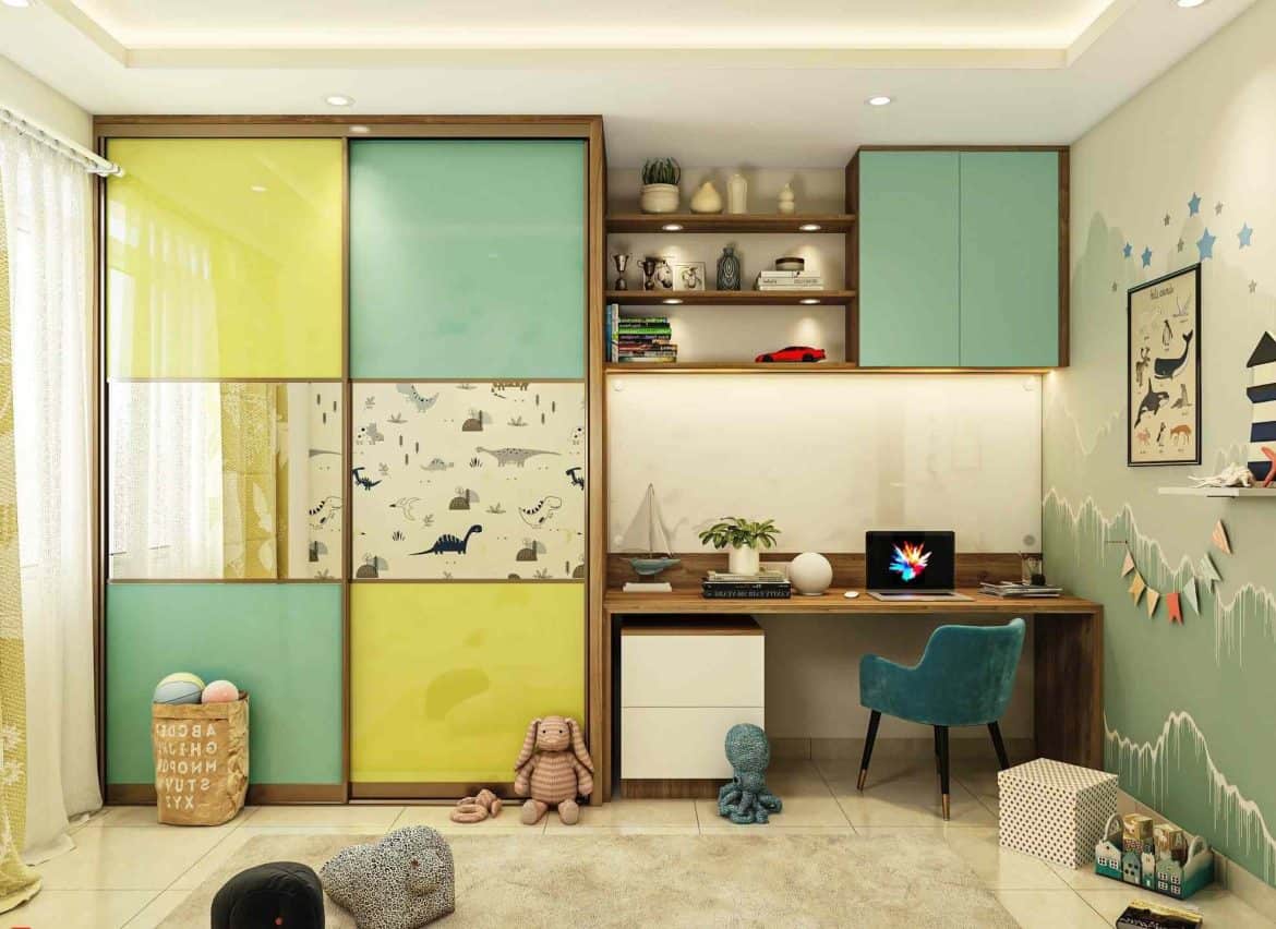kids closet in yellow and green with a study station and toys