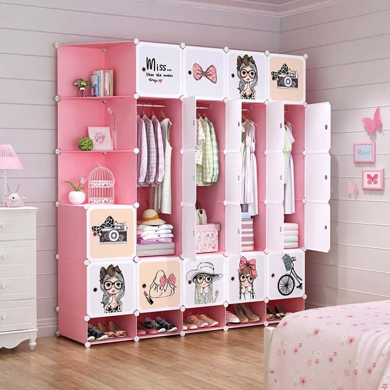 pink and white kids closet with toys and clothes