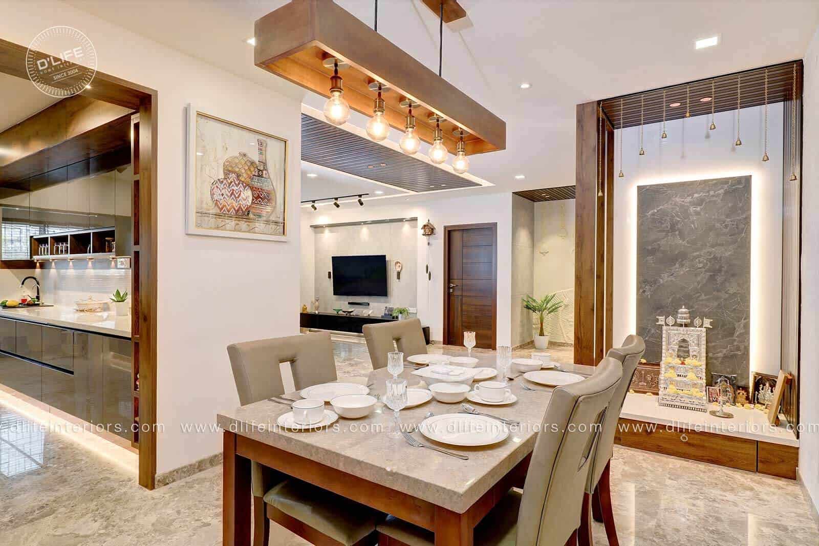 a white dining room with chair table and ceiling lights