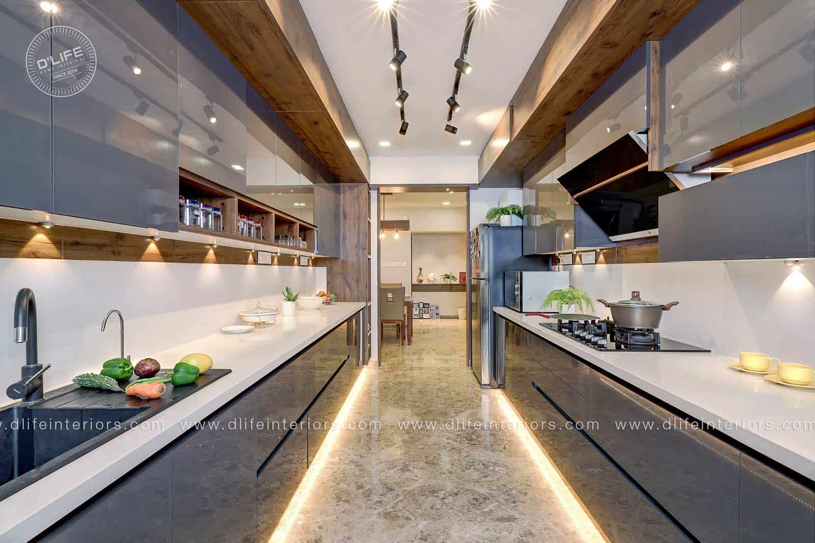 grey and white kitchen interiors with lights, washbasin and utensils