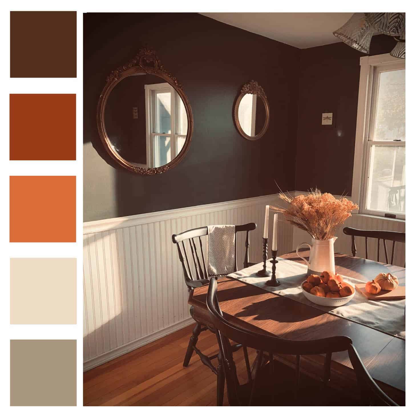 Home Colours of a dining room with dark brown walls, white molding and wood dining table