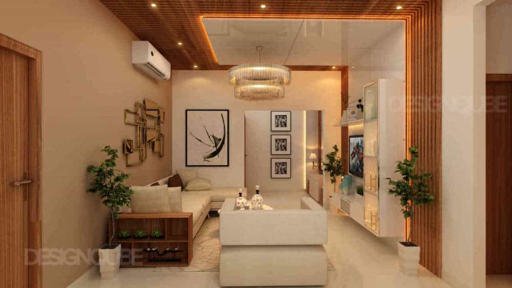 living room with white sofa set, wall painting, chandelier and false ceiling