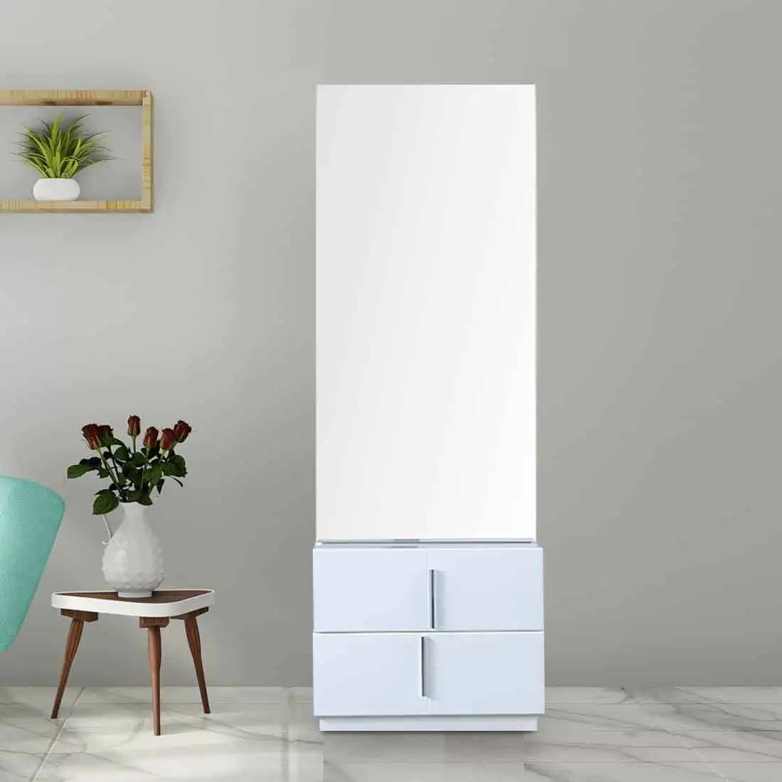 A simple white-colored white dresser with a rectangular mirror and minimum storage space, in a white room.