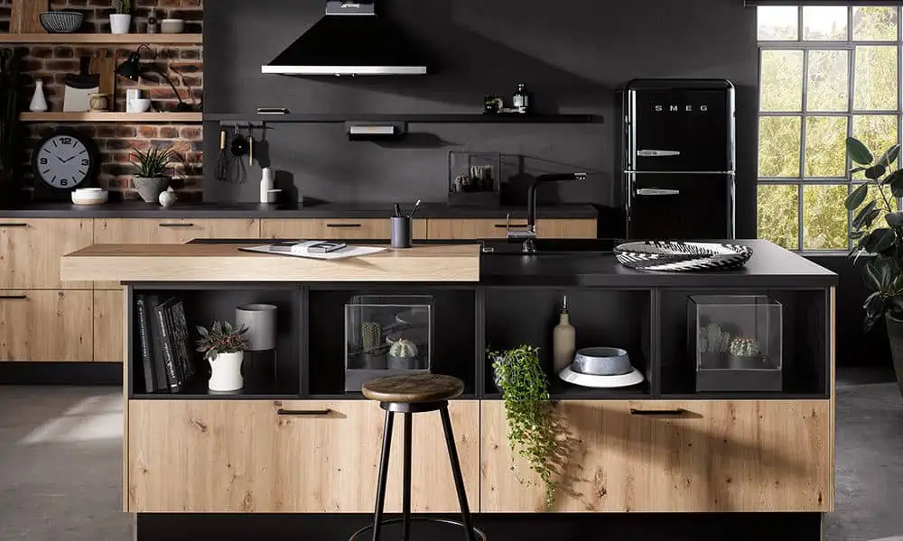 An exquisite brown and black-colored cabinetry in a big kitchen area.