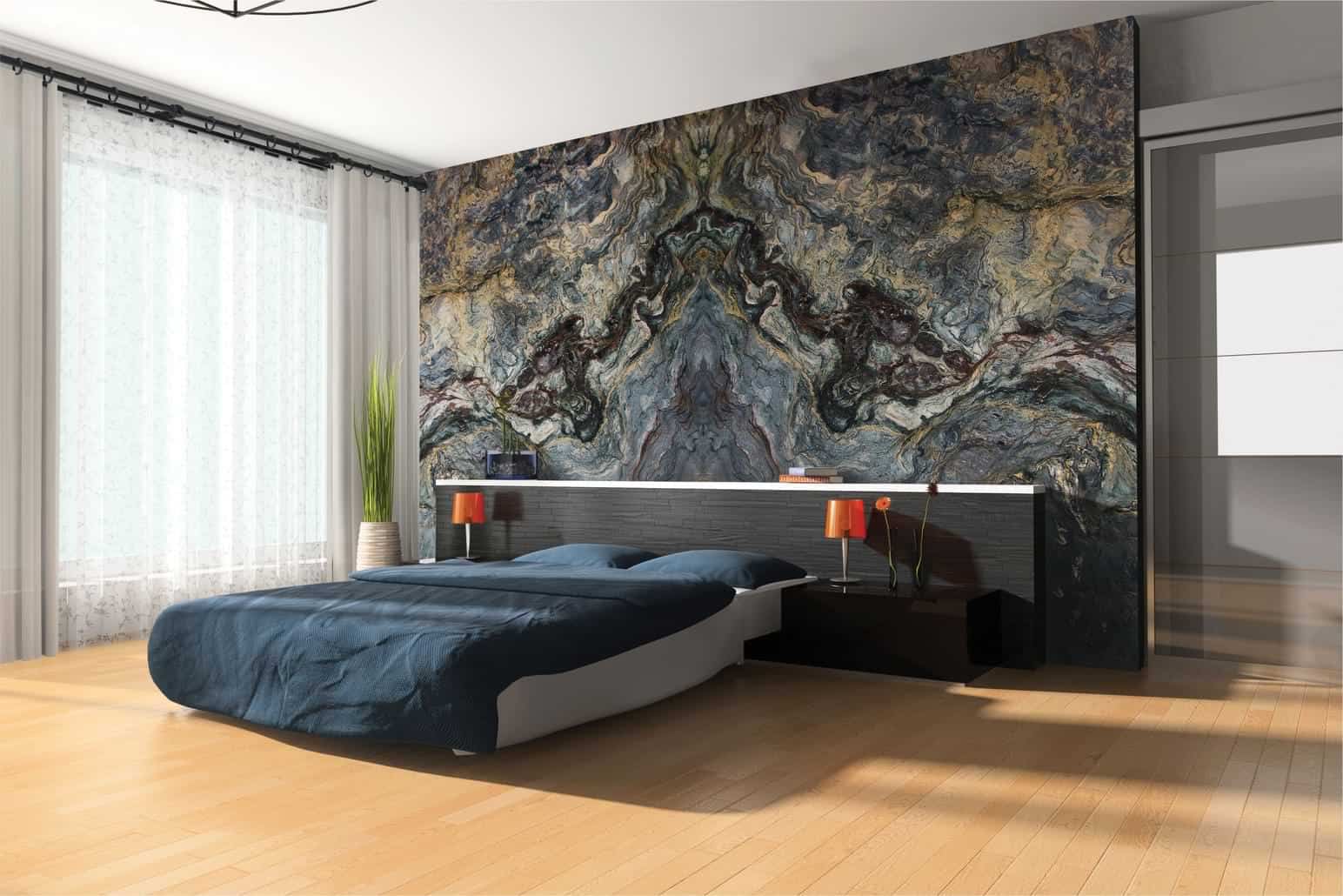 Modern bedroom with natural stone quartz wall