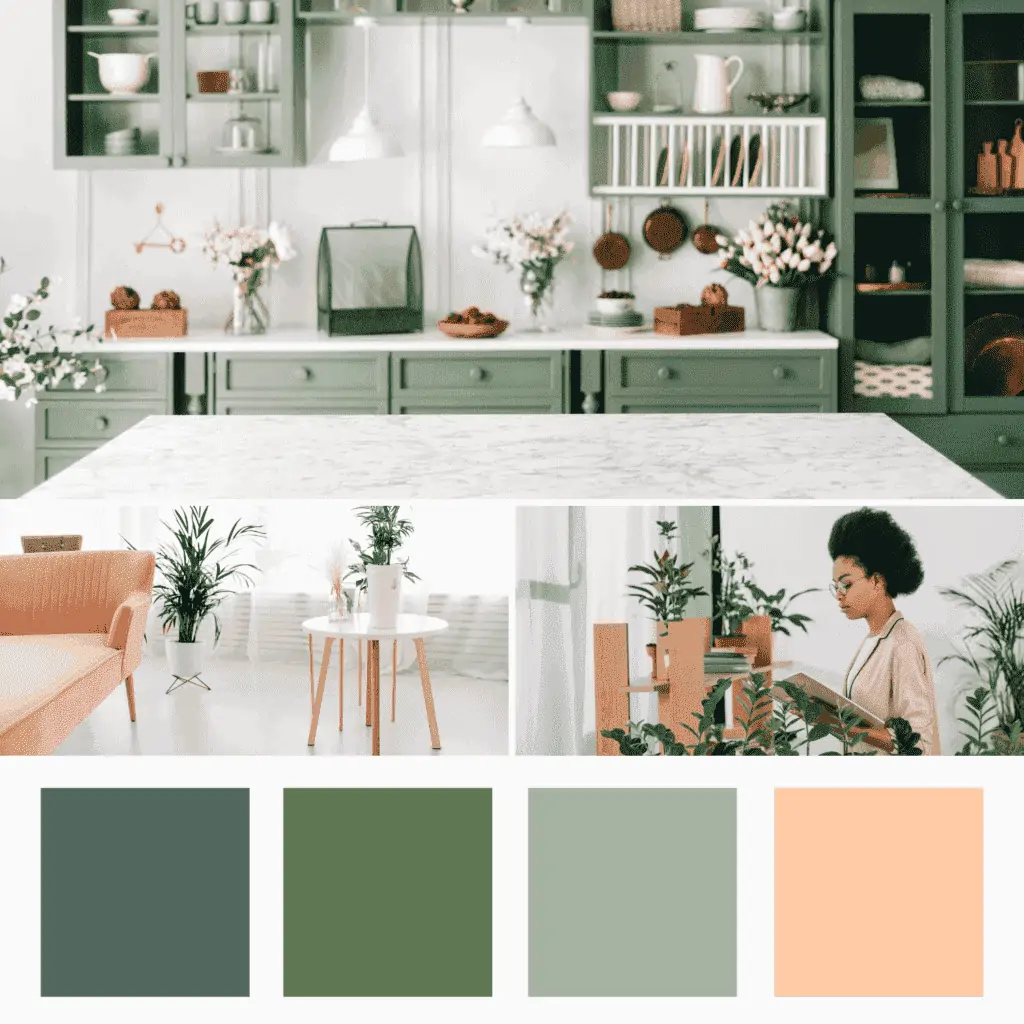 A home white a white walled kitchen, green cabinets and a blush pink sofa