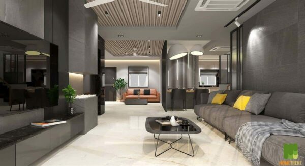 living room with tv, table, sofa, grey walls, chairs, modern home by the best top 10 interior designers in hyderabad, India