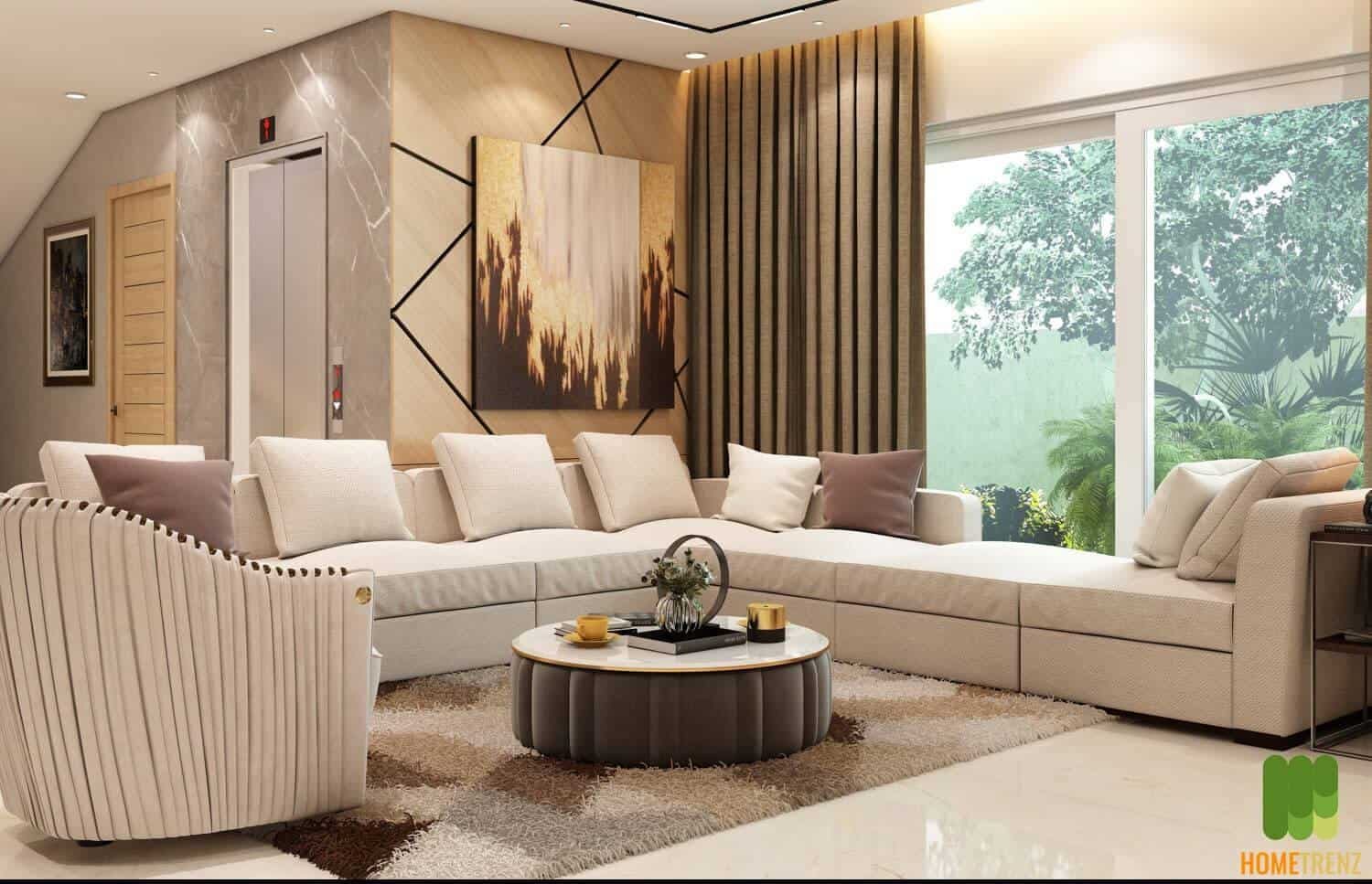 living room with rig, white sofa, wall painting and table
