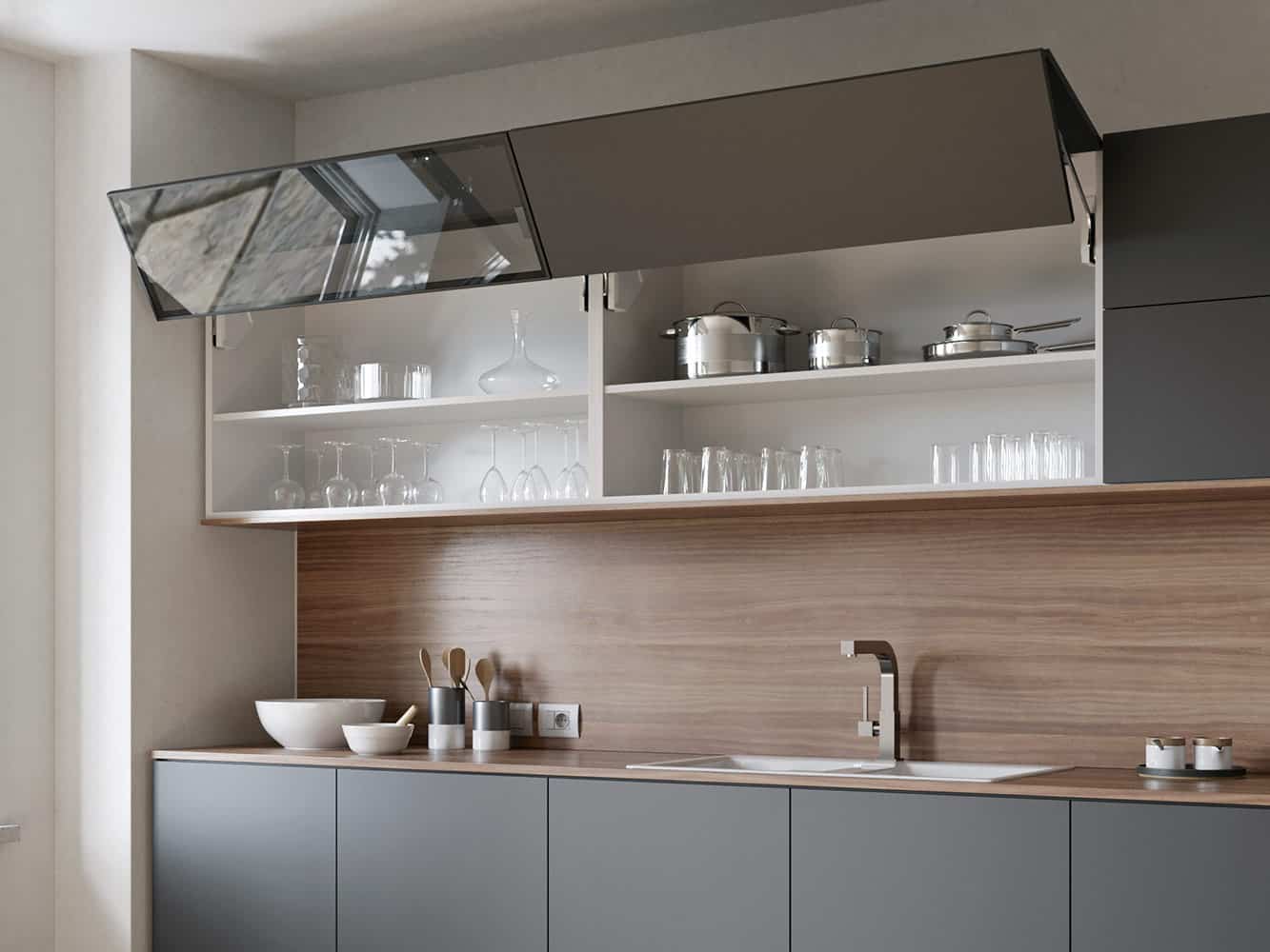 A black-colored fully-functional lift-up wall units of wall cabinetry displaying some crockery.