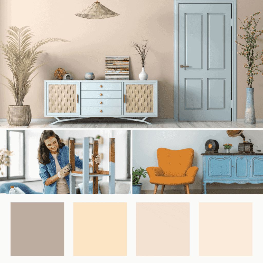 Pastel home colours are used on the door, cabinet and a pop of orange is added with the armchair