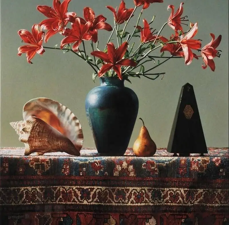 red lily flowers with a shell and antiruq decoration