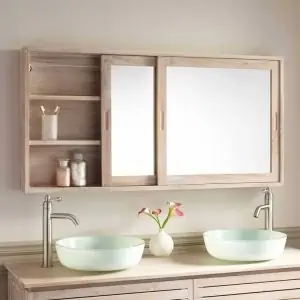 Sliding mirror vanity in light wood