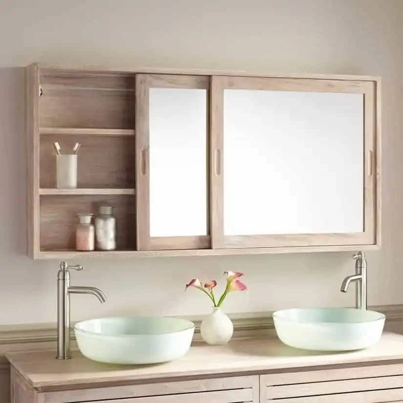 Sliding mirror vanity in light wood