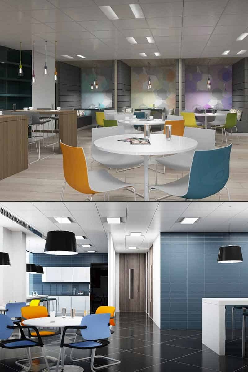 office interior design images with white table, multicolor chairs and ceiling lights