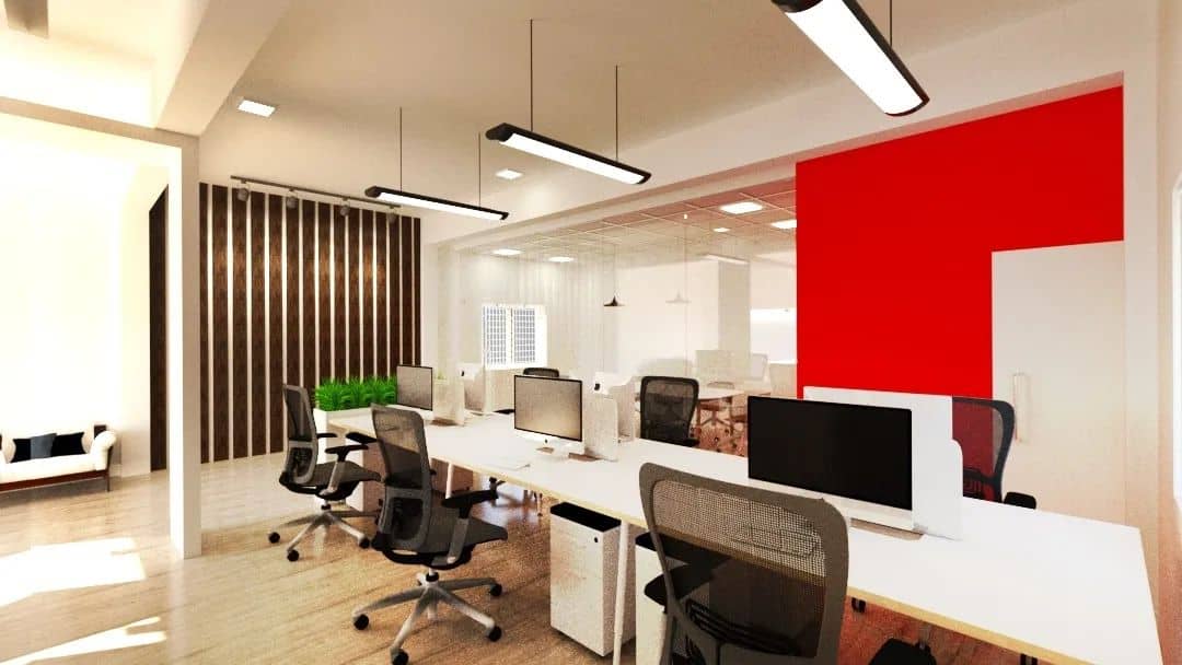 office with white table chairs and ceiling lights