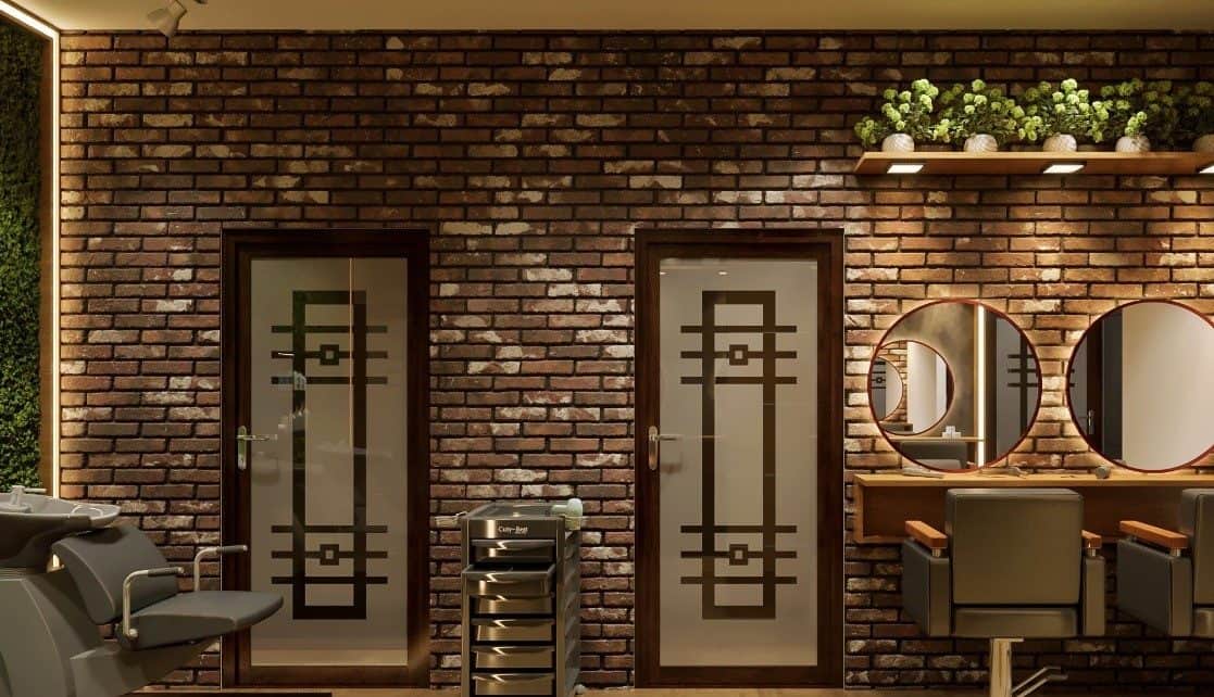 brown brick wall with doors, chairs and two mirrors