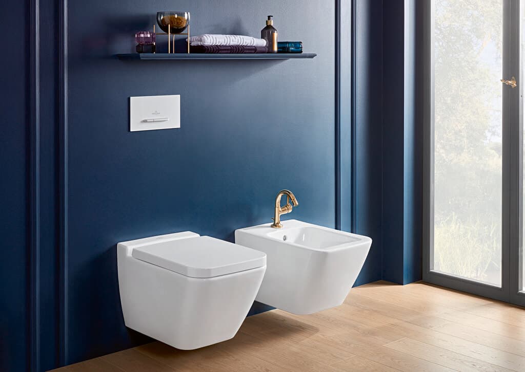 white coloured wall mounted toilet and bidet by V&B