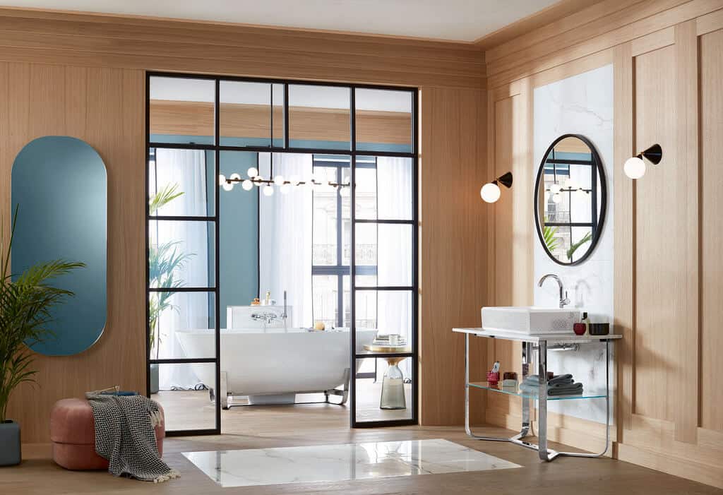 Villeroy & boch luxury bathroom collection featuring white bathtub, washbasin, round mirror - ANTHEUS