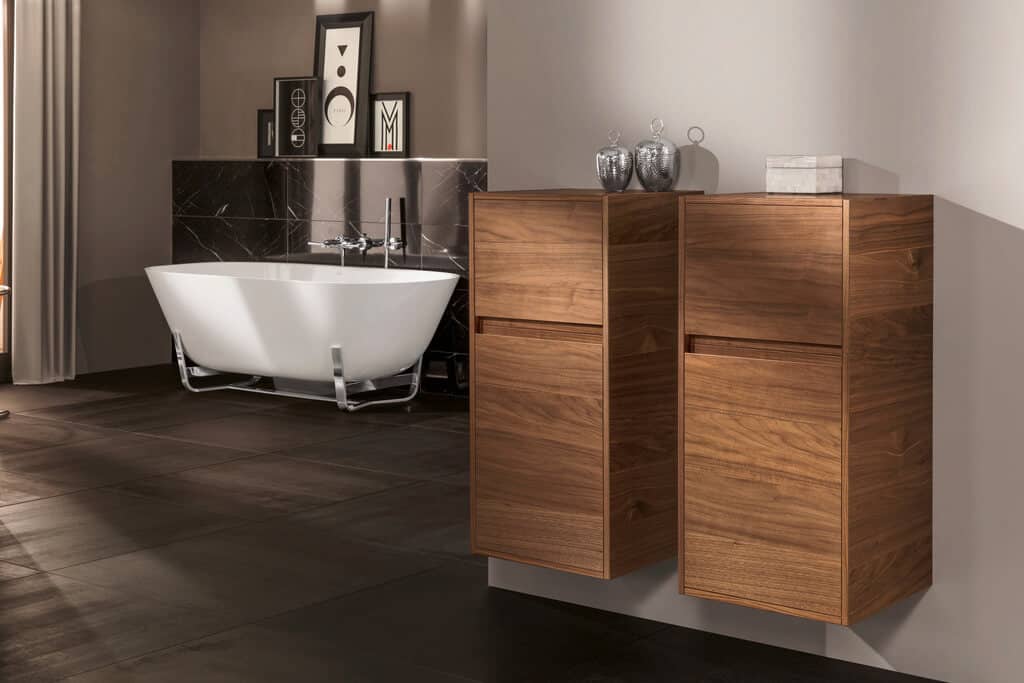 brown oakwood finish bathroom furniture - handleless vanities for a premium bathroom from Antheus collection