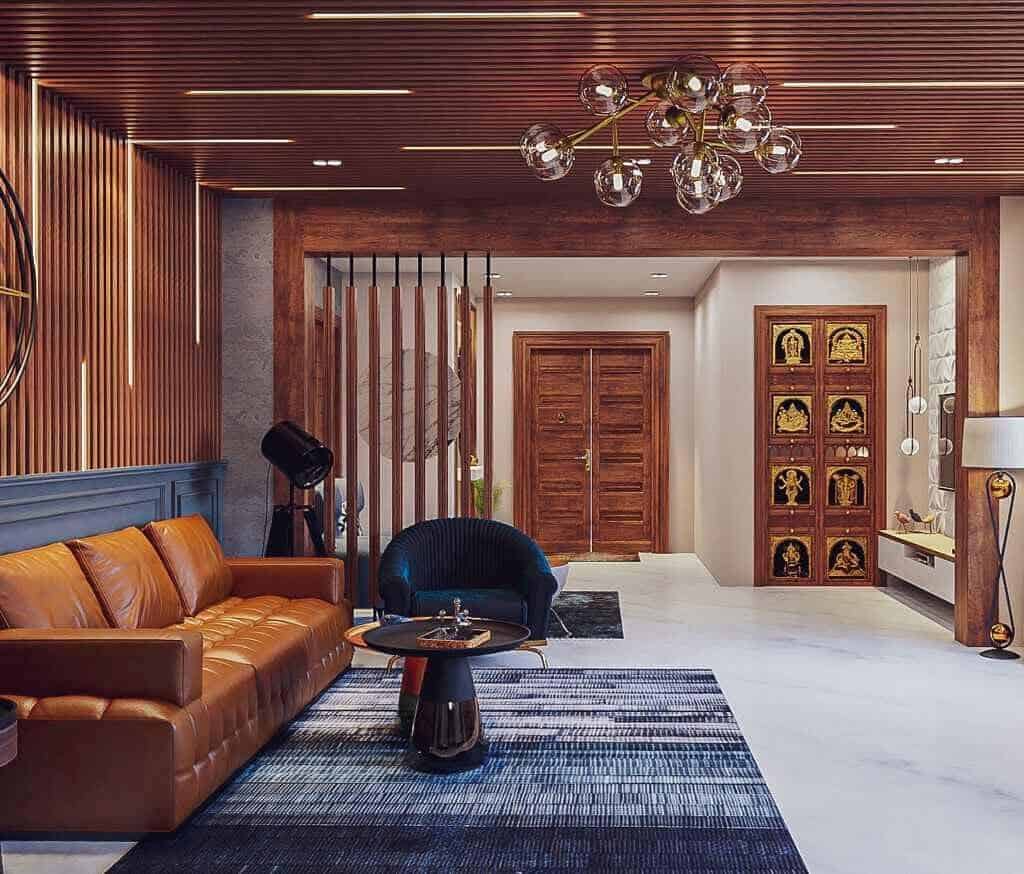 living room with brown sofa, blue rug and ceiling lights