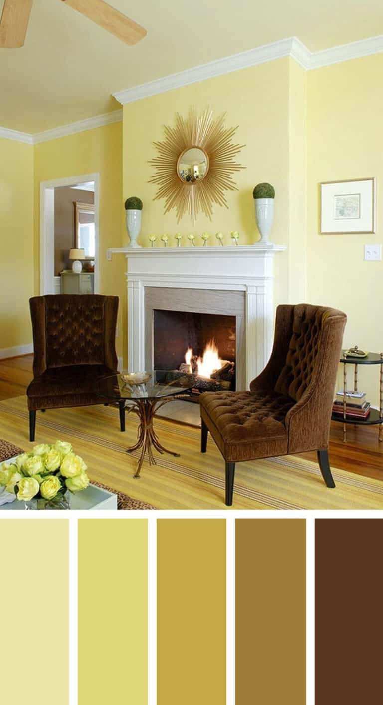 Home Colours of a beautiful living room with yellow walls, a white mantelpiece and brown chairs