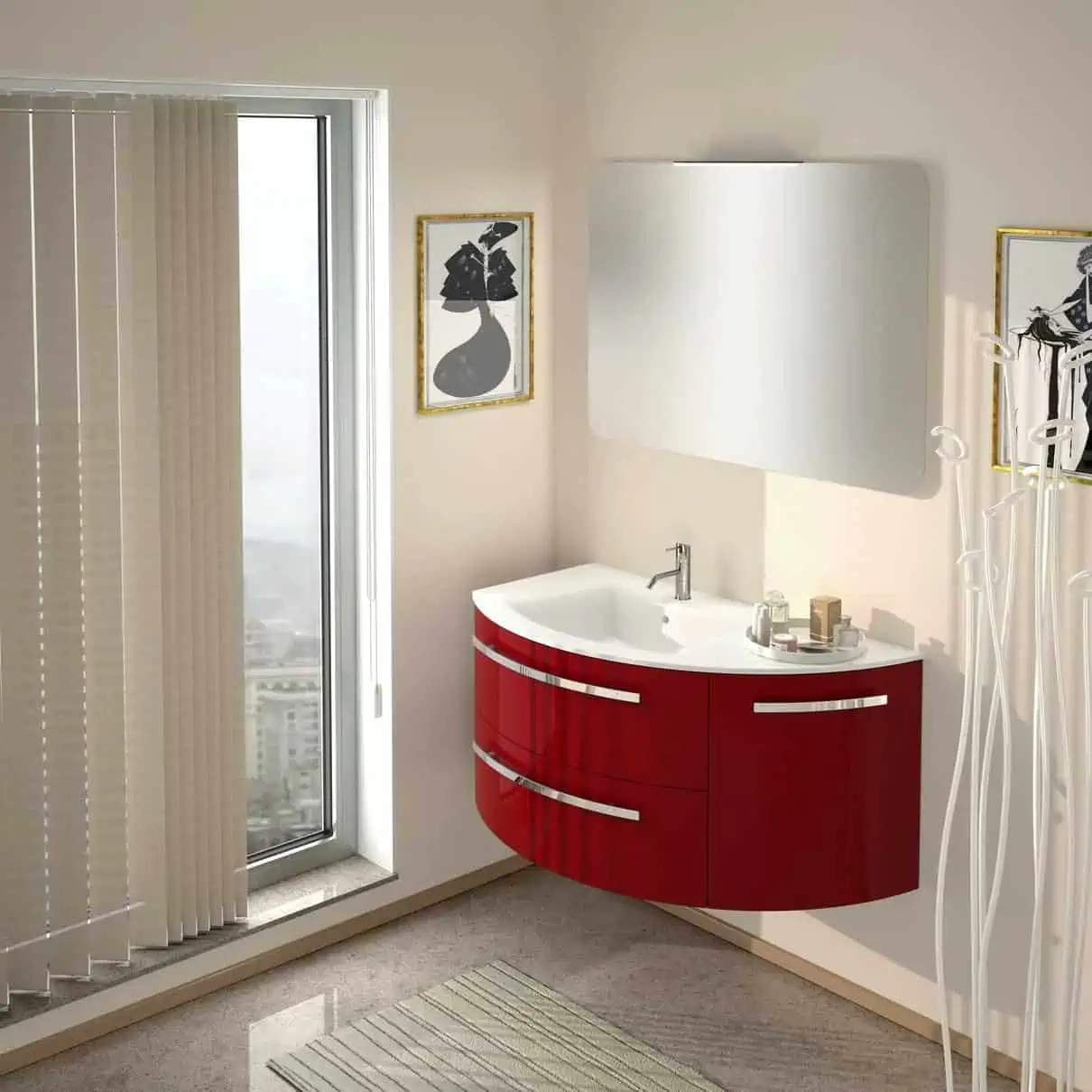 wall mounted corner vanity in red