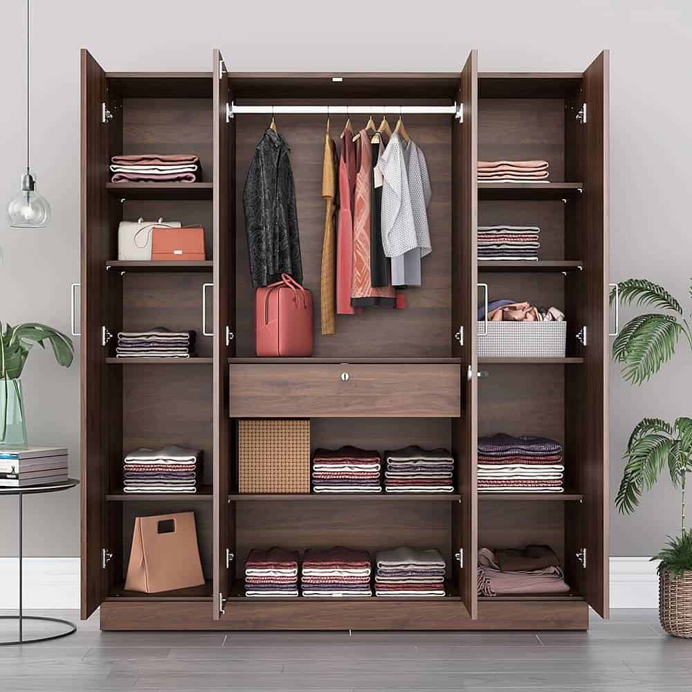 a brown closet with clothes