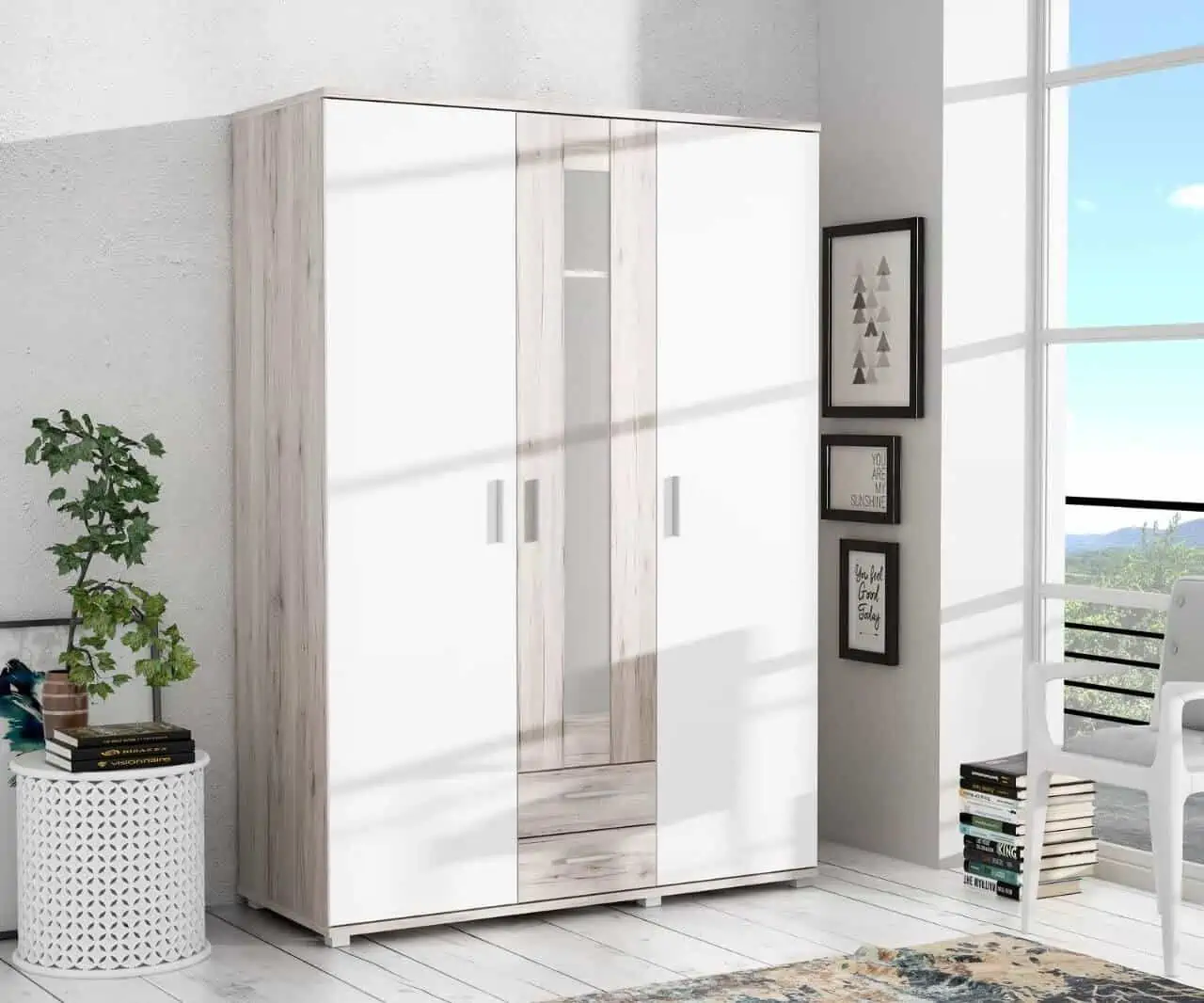 white wooden closet in a bed room near a window with indoor plants, a stunning modern cupboard & wardrobe design