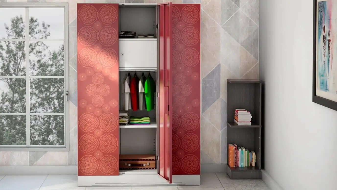 red closet with a side table and books