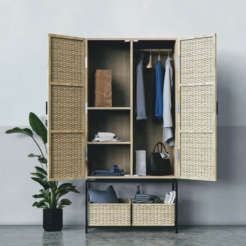 an eccentric brown bamboo cupboard design for kitchen, bedroom tv with clothes and an indoor plant