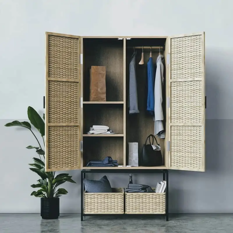 an eccentric brown bamboo modern cupboard & wardrobe design for kitchen, bedroom tv with clothes and an indoor plant