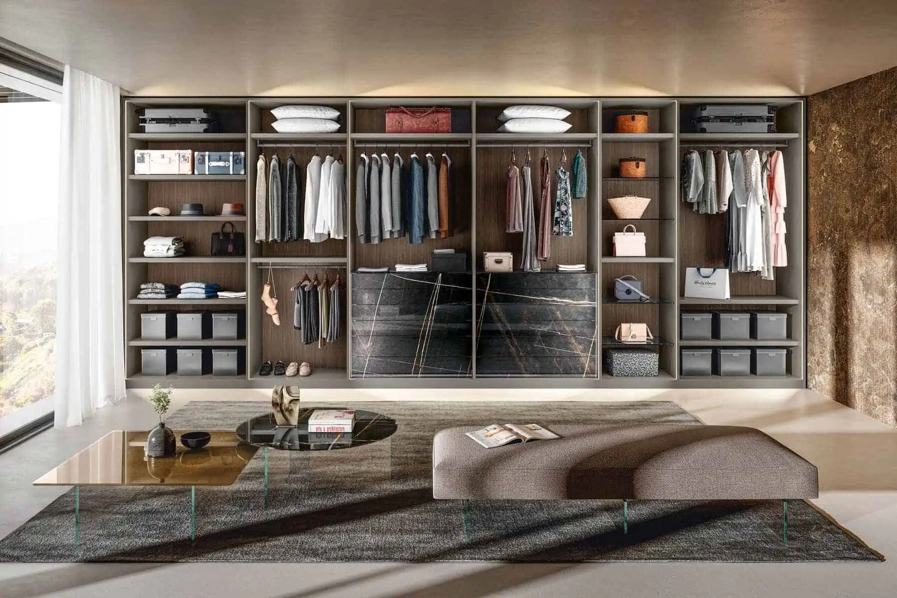 brown cupboard & wardrobe design in a modern bedroom with rug and seating arrangement