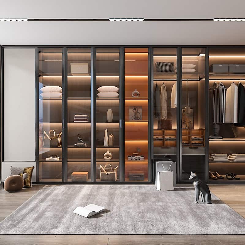 brown closet with glass doors, rug, clothes and seating arrangement