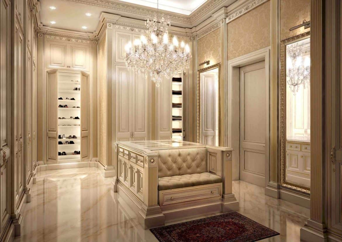 a luxurious walk in closet with ceiling lights and marble floors