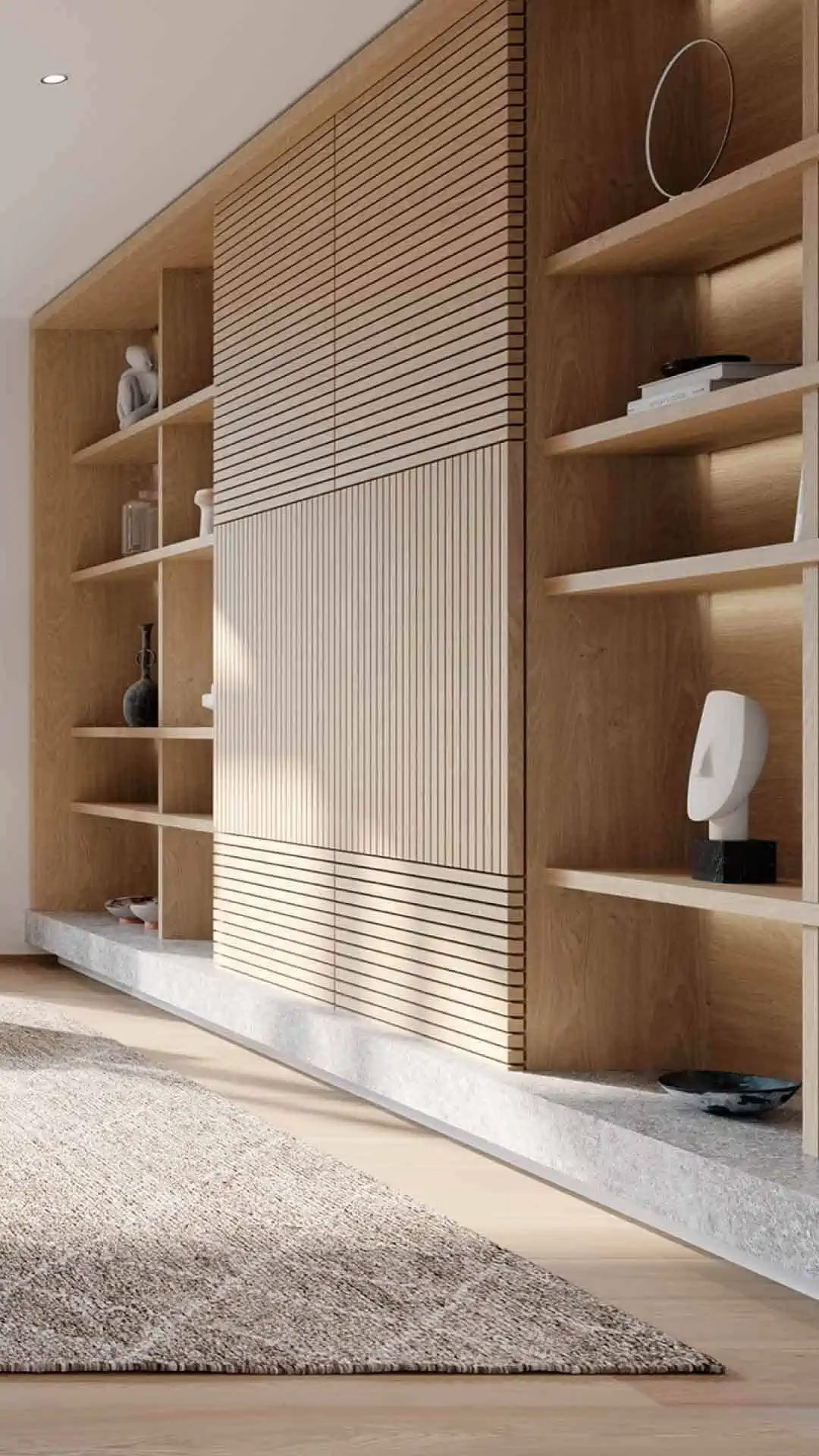 brown wooden closet with cabinets and a rug