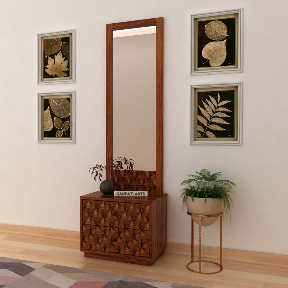 dressing table with mirror and indoor plants and photo frames on the wall