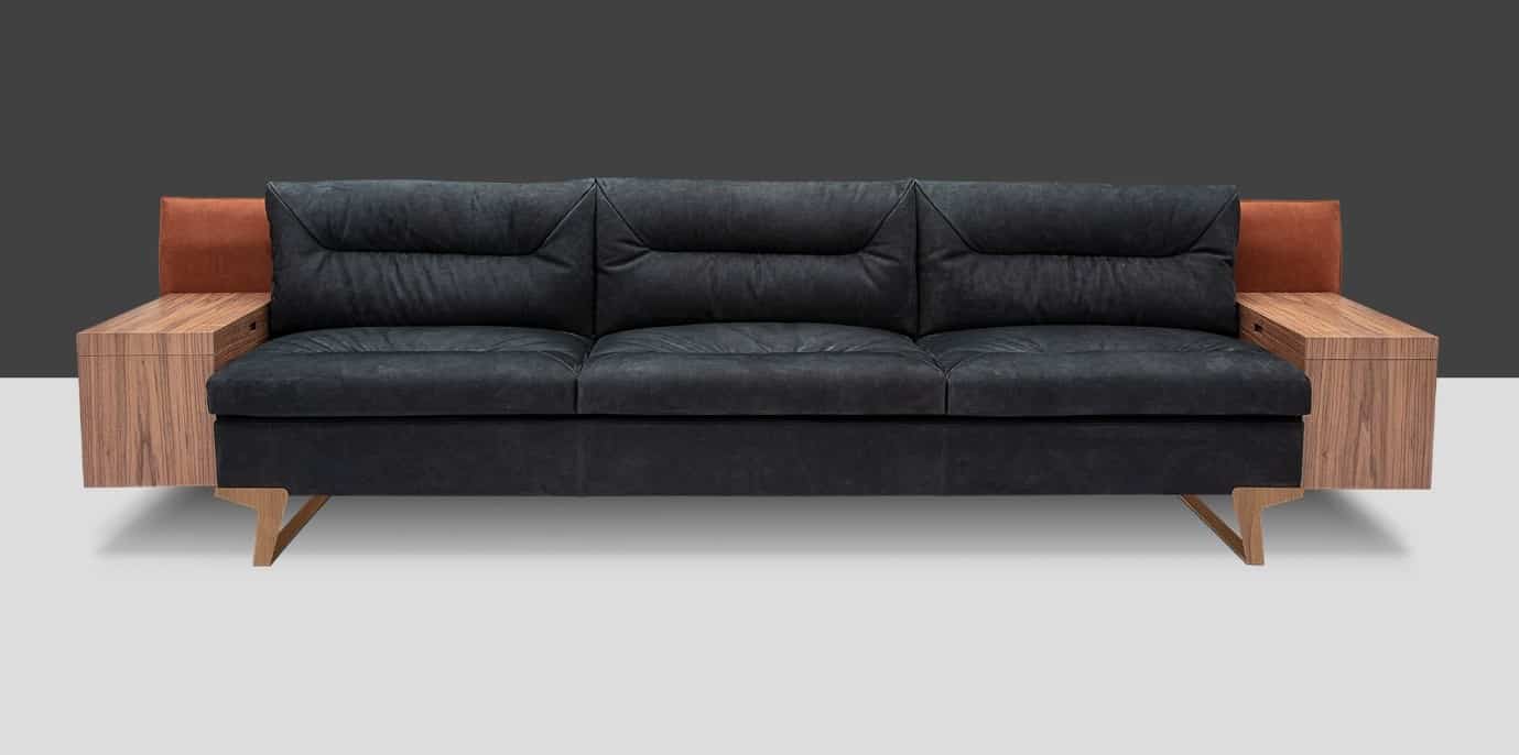 black sofa with wooden accents 