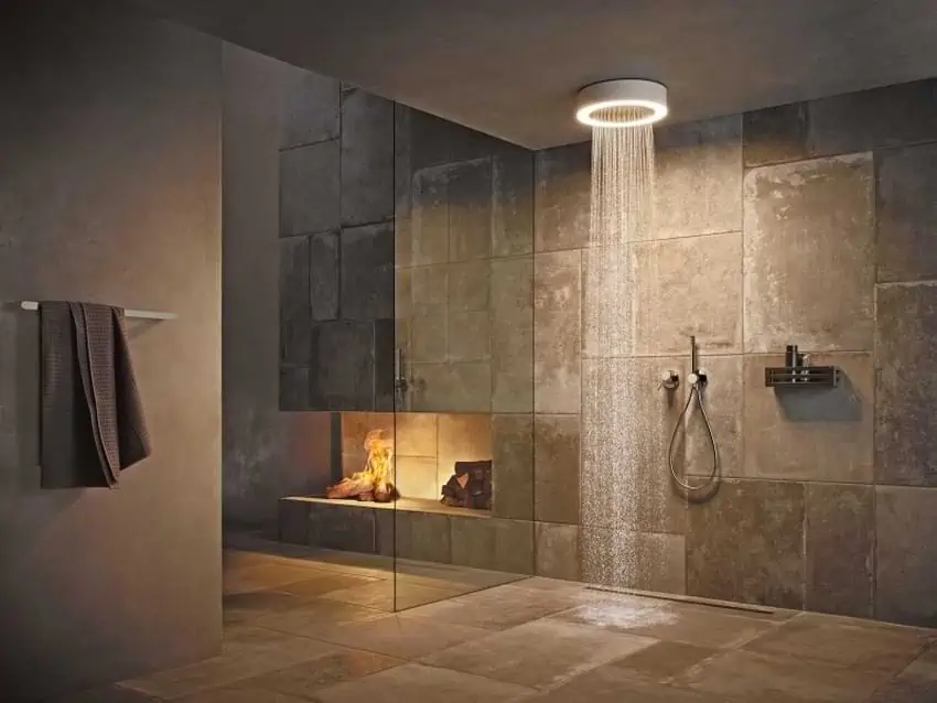 glass bathroom cabinet with statement shower head