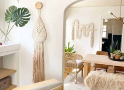 bohemian living room with macrame wall hanging