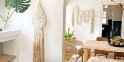 bohemian living room with macrame wall hanging